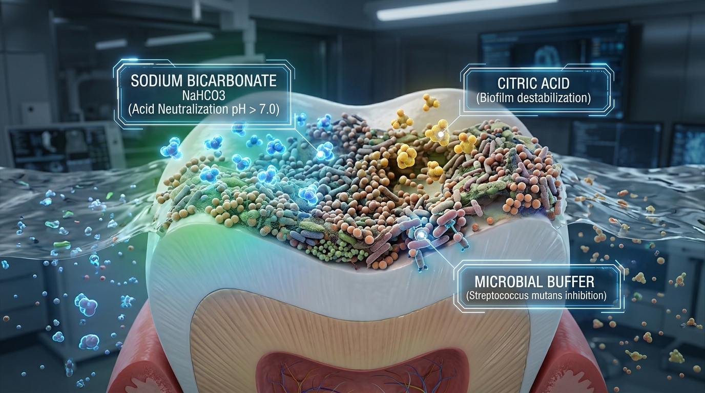 3D medical visualization of tooth enamel hydroxyapatite and microbial acid neutralization