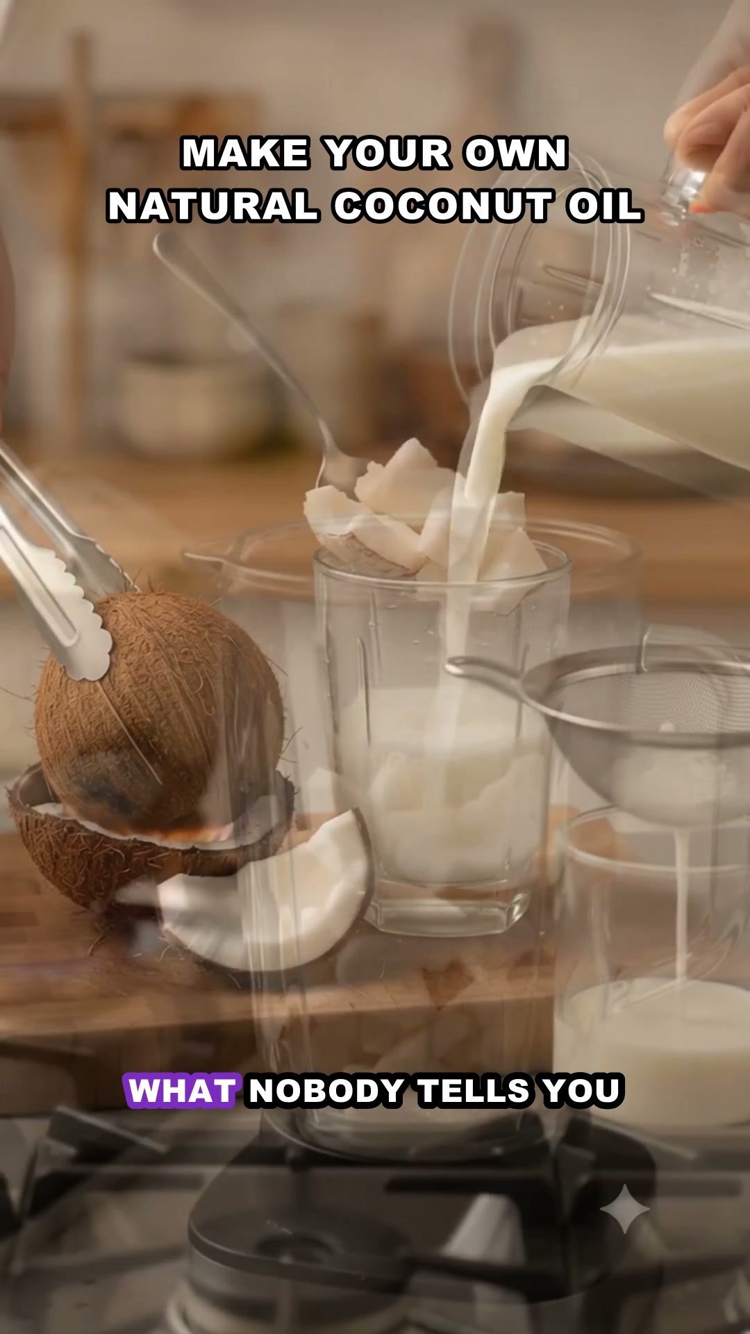 Close-up of freshly made coconut oil in a glass jar with coconuts in the background
