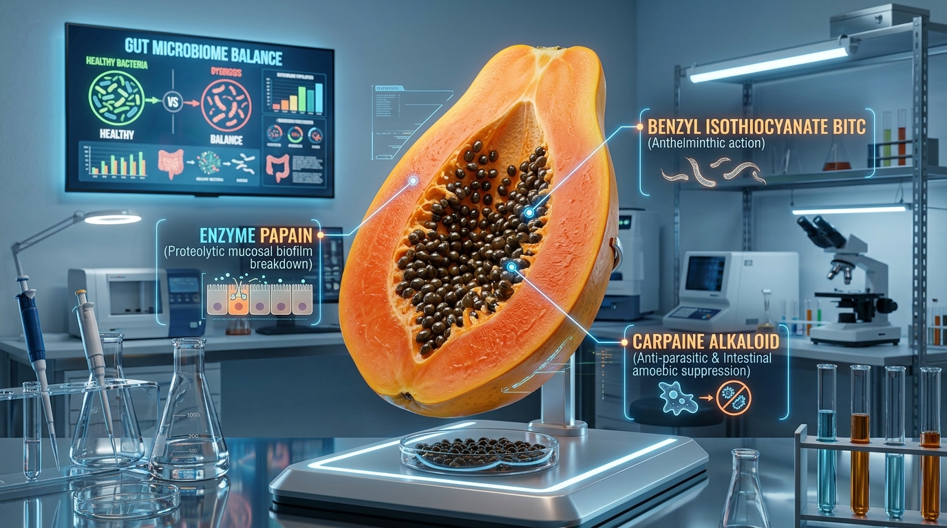 3D modern scientific laboratory cutaway dissection of an orange papaya fruit and its dark shiny seeds