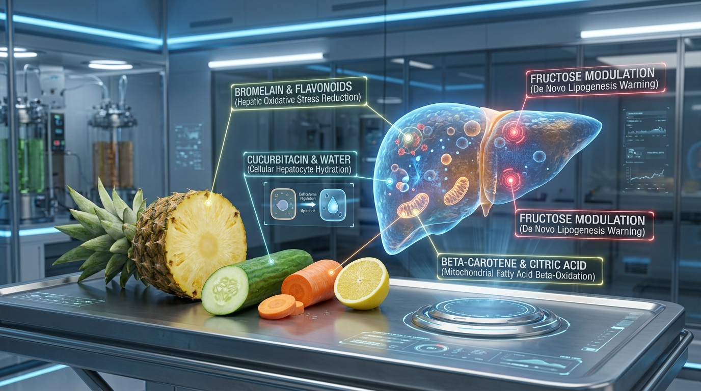 3D futuristic biomedical simulation of hepatology, cellular lipid metabolism, pineapple and cucumber dissection