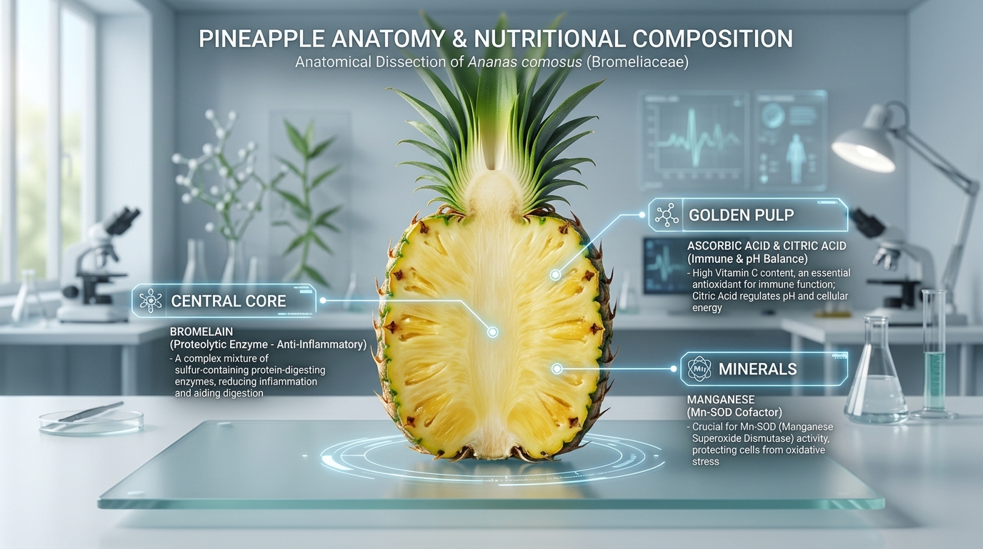 3D anatomical dissection infographic of Ananas comosus showing Bromelain and bioactive distribution