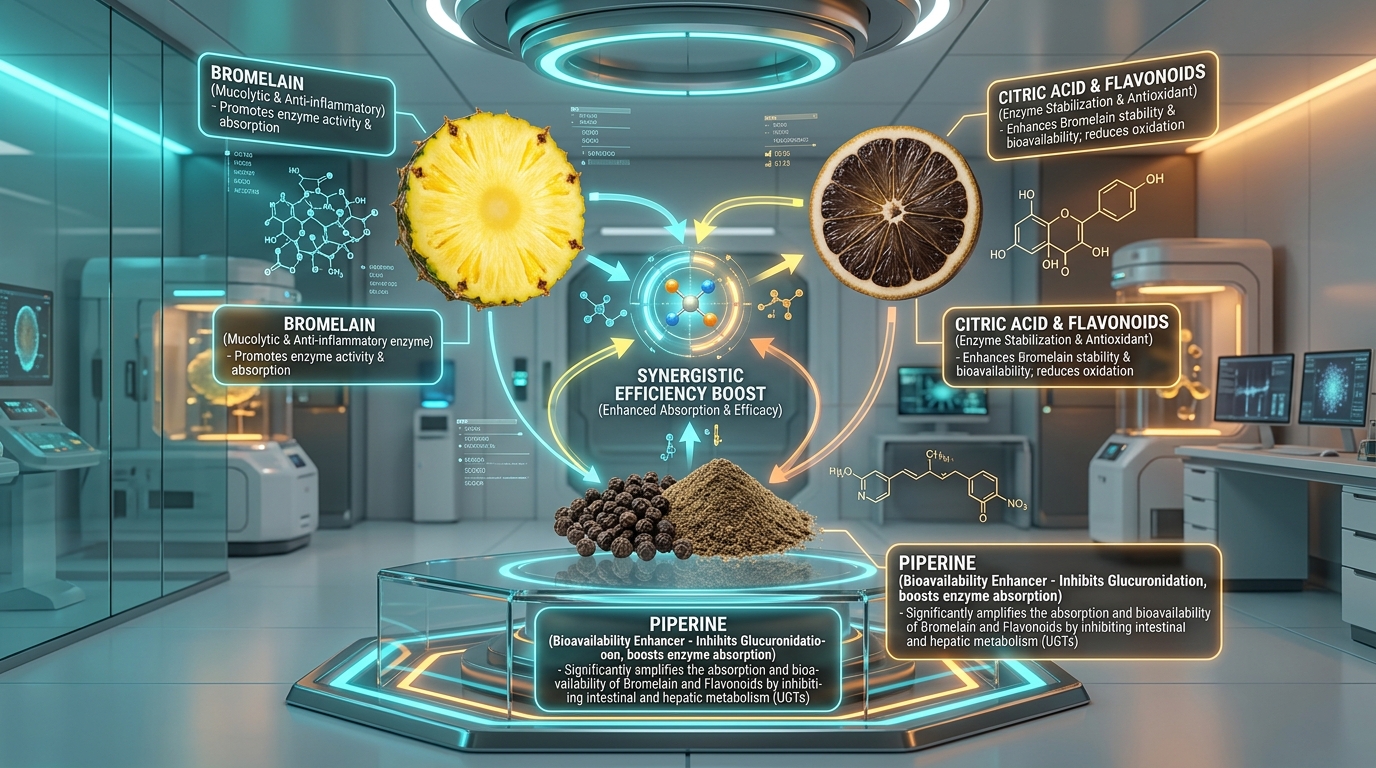 3D Biochemical Synergy Diagram: Bromelain (Pineapple) + Piperine (Black Pepper) + Citric Acid & Flavonoids (Lemon)